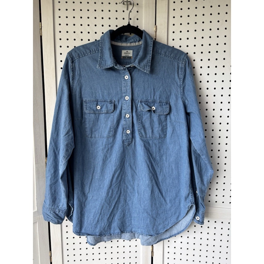 Ridgecut Workwear 1/2 Button Women's Lg Chambray Shirt Roll Tab Long SLV